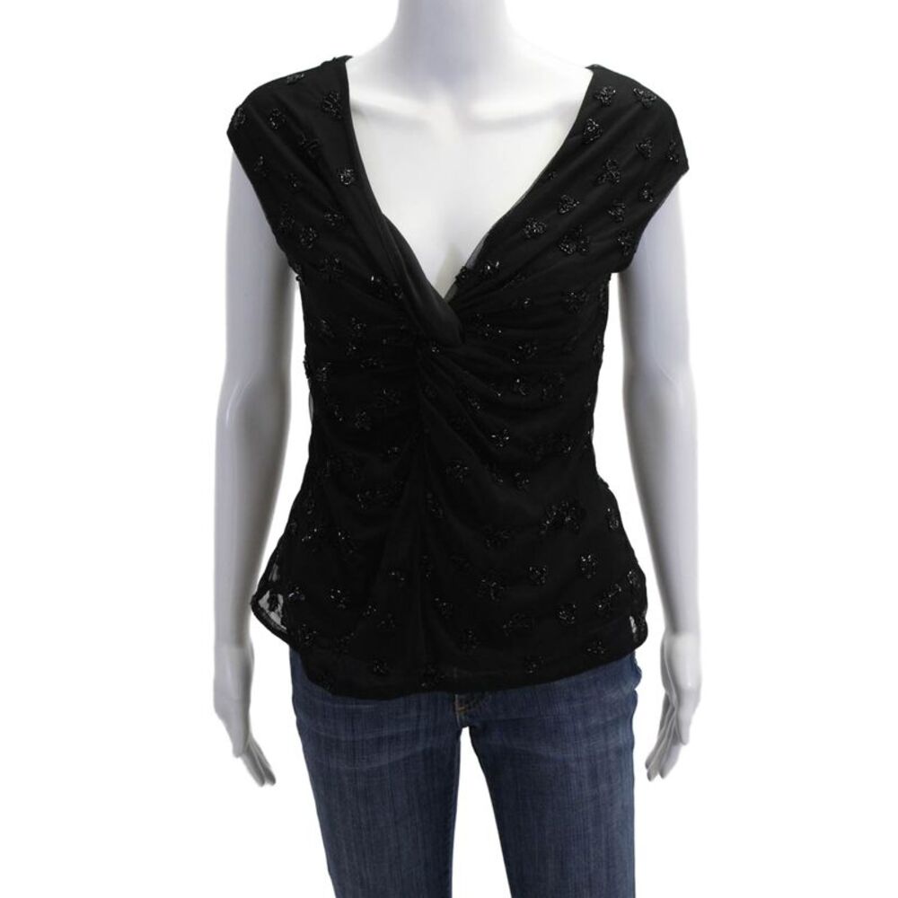 Marina Womens V-Neck Sleeveless Black Polyester Blouse Size S